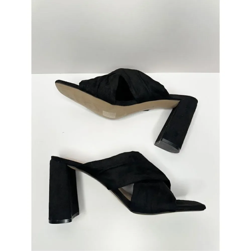 Adrienne Vittadini Sandals Womens 9.5 Crossover Black Faux‎ Suede Chunky Heels
